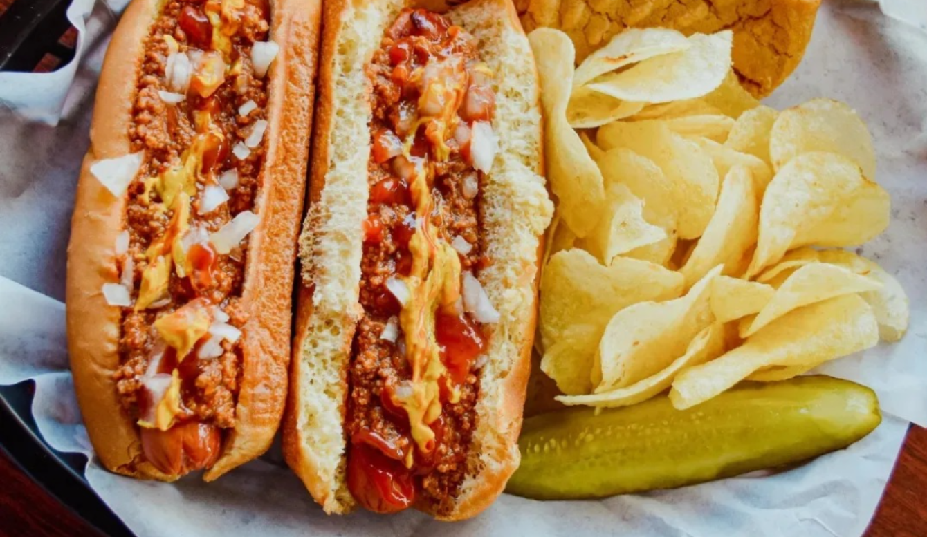 Chili cheese dogs with chips, pickle, and cookie at Laila’s Place in Newberry, SC