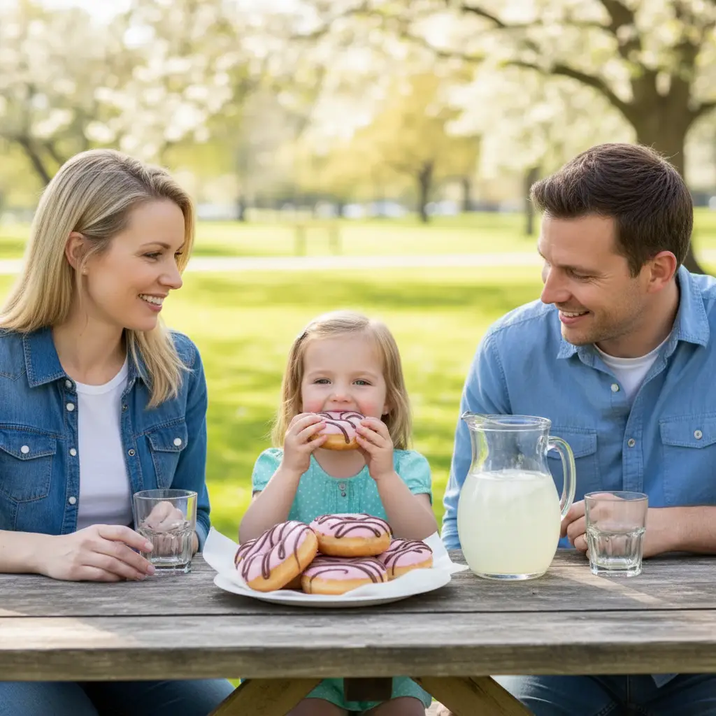 Family enjoying donuts together at Laila’s Place in Newberry, SC with lemonade outdoors.
